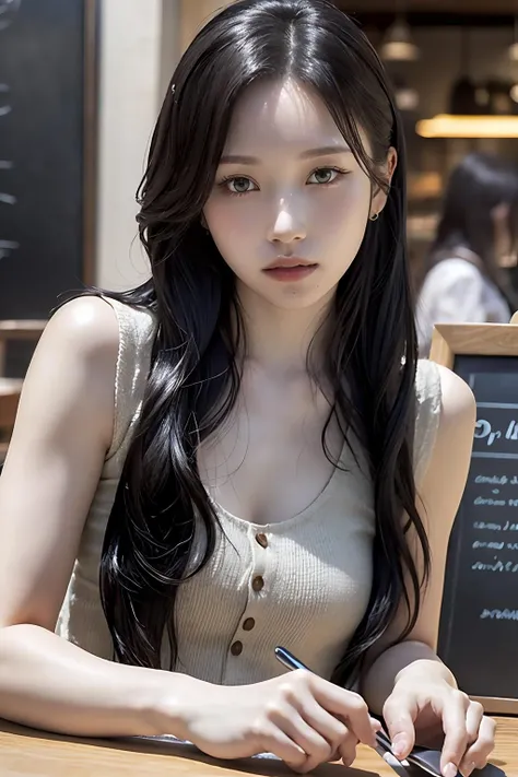 Best quality, masterpiece, ultra high res, (photorealistic:1.4), raw photo, 1girl, inside cafe, closeup, looking at viewer, long hair
