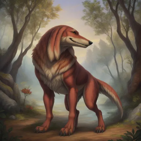 a fusion between bangaa and a dog, teeth, looking at viewer, smile, solo, ((feral, canid)), male, paws, digitigrade, quadruped, by dorosheva-e, by mangobird, by paper-wings, by hyhlion, by personalami, detailed background, forest, (dark shadows, wide dynamic range, hdr, low light:1.2),<lora:Bangaav3_YM9:0.6>, bangaa