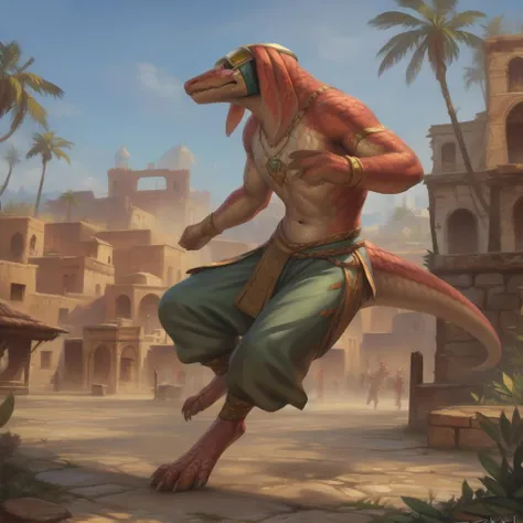 <lora:Bangaav3_YM9:0.6>, bangaa,solo,pueblo village ruins, action pose, harem pants, visor, sweat, feet, breath, detailed scales, anthro, detailed background , scales, dark shadows, by zackary911, by lynncore, by personalami, by drmax