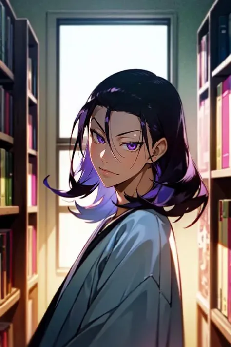 photorealistic, (4k), depth of field, (Masterpiece), (realistic skin texture), extremely detailed, intricate, hyper detailed, high resolution, professional photography, , depth of field, sharp detail, best quality, looking at viewer, 1boy, solo, male focus, <lora:jinpachi_toudou:0.92>, jinpachi_toudou, black hair, purple eyes, , , , , bookstore,
