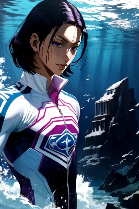 (best quality:1.1), (masterpiece:1.4), movie still, , upper body, depth of field, anime coloring, (realistic:1.4), 1boy, solo, male focus, <lora:jinpachi_toudou:0.86>, jinpachi_toudou, black hair, purple eyes, , superhero costume, Atlantis: A lost city of great wisdom and power, now drowned beneath the sea, 16k resolution