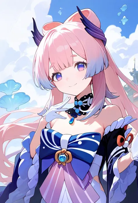 score_9,score_8_up,score_7_up, 1girl, highres, pink_hair, sangonomiya_kokomi, genshin_impact, purple_eyes, white_gloves, bow-shaped_hair, absurdres, long_hair, bare_shoulders, blue_hair