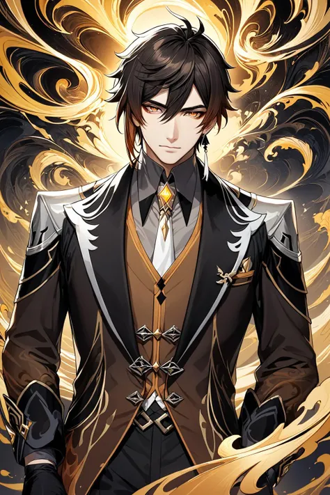 masterpiece,best quality,<lora:genshin_pony_v1:0.8>,zhongli_\(genshin_impact\), 1boy, male_focus, highres, brown_hair, hair_between_eyes, long_sleeves, long_hair, black_gloves, closed_mouth, single_earring, gradient_hair, yellow_eyes,fractal art