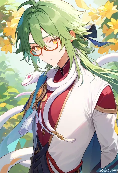 score_9,score_8_up,score_7_up, baizhu_(genshin_impact), 1boy, male_focus, green_hair, glasses, highres, hair_between_eyes, changsheng_(genshin_impact), white_snake, long_hair, yellow_eyes, crop_top