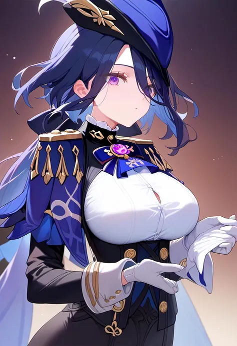 score_9,score_8_up,score_7_up, clorinde_(genshin_impact), 1girl, highres, purple_eyes, tricorne, large_breasts, white_gloves, long_hair, absurdres, white_shirt, epaulettes, blue_headwear, vision_(genshin_impact)