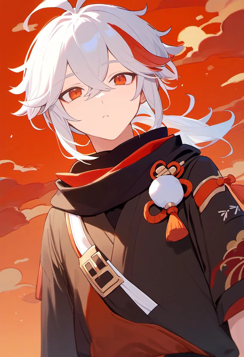 score_9,score_8_up,score_7_up, kaedehara_kazuha, 1boy, male_focus, genshin_impact, red_eyes, highres, streaked_hair, white_hair, hair_between_eyes, japanese_clothes, crossed_bangs, ponytail
