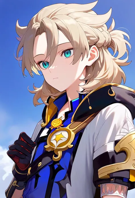 score_9,score_8_up,score_7_up, albedo_(genshin_impact), male_focus, 1boy, highres, blonde_hair, hair_between_eyes,black_gloves,closed_mouth,blue_shirt,short_sleeves, blue_eyes, aqua_eyes, medium_hair