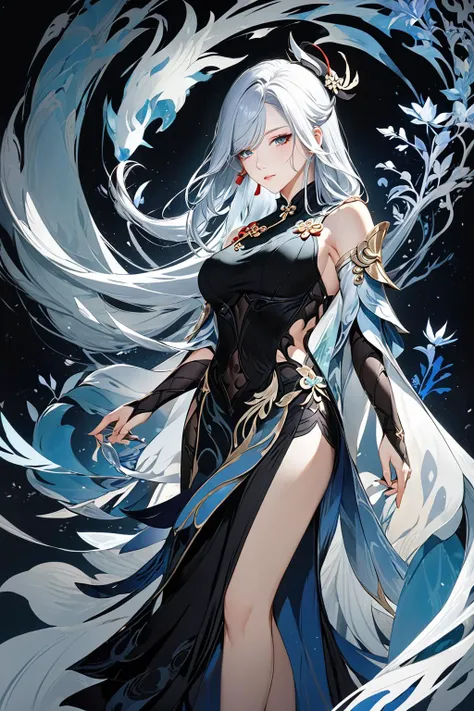 masterpiece,best quality,shenhe_(frostflower_dew)_(genshin_impact), shenhe_(genshin_impact), highres, black_dress, detached_sleeves, 1girl, official_alternate_costume, bare_shoulders, sleeveless_dress, hair_ornament, very_long_hair, white_hair, large_breasts,fractal art