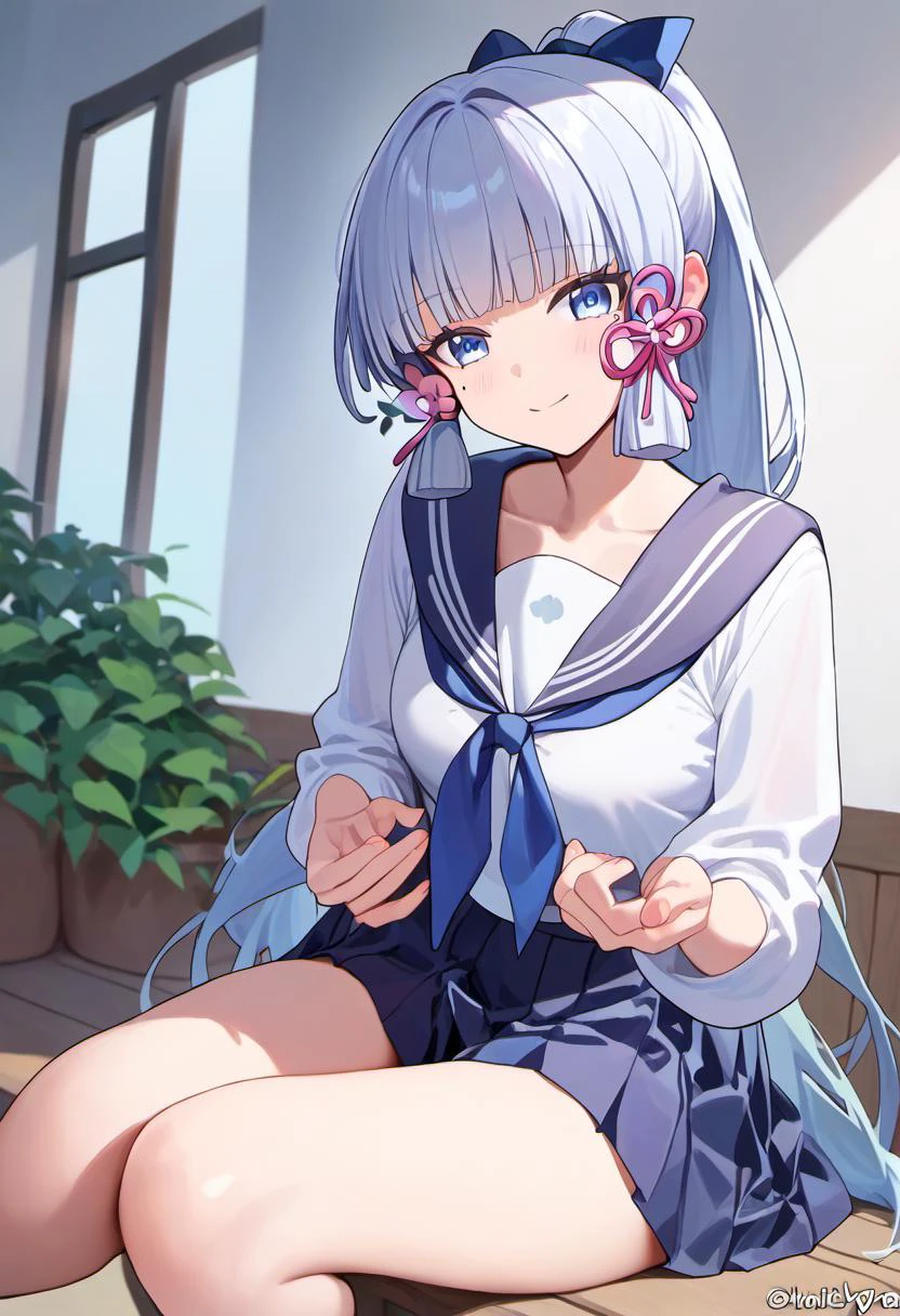 score_9,score_8_up,score_7_up, 1girl, kamisato_ayaka_(heytea), highres, blue_eyes, genshin_impact, white_shirt, long_sleeves, serafuku, official_alternate_costume, pleated_skirt, ponytail, long_hair, mole_under_eye