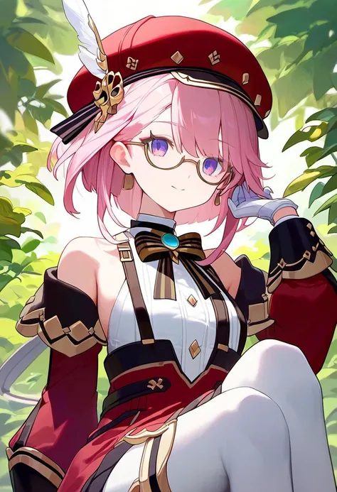 score_9,score_8_up,score_7_up, charlotte_(genshin_impact), 1girl, pink_hair, highres, red_headwear, monocle, white_gloves, cabbie_hat, bare_shoulders, absurdres, detached_sleeves, short_hair, long_sleeves