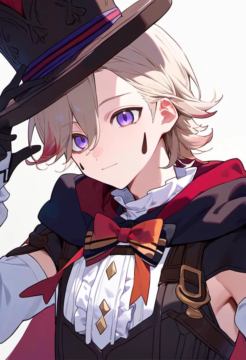 score_9,score_8_up,score_7_up, lyney_(genshin_impact), 1boy, male_focus, purple_eyes, highres, top_hat, teardrop_facial_mark, short_hair, black_gloves, black_headwear, blonde_hair, detached_sleeves