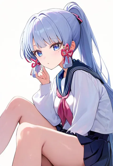 score_9,score_8_up,score_7_up, 1girl, kamisato_ayaka_(heytea), highres, blue_eyes, genshin_impact, white_shirt, long_sleeves, serafuku, official_alternate_costume, pleated_skirt, ponytail, long_hair, mole_under_eye