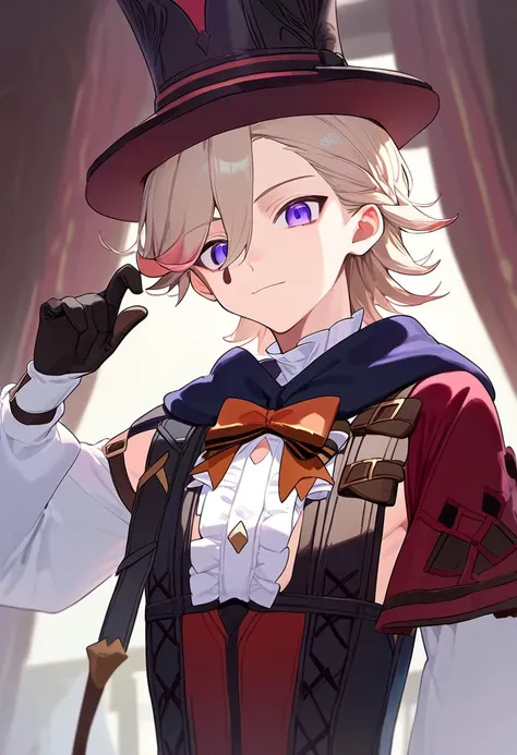 score_9,score_8_up,score_7_up, lyney_(genshin_impact), 1boy, male_focus, purple_eyes, highres, top_hat, teardrop_facial_mark, short_hair, black_gloves, black_headwear, blonde_hair, detached_sleeves