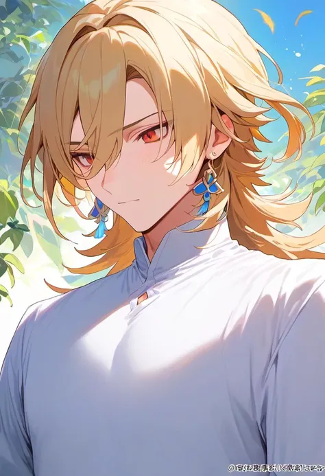 score_9,score_8_up,score_7_up, kaveh_(genshin_impact), male_focus, blonde_hair, 1boy, highres, red_eyes, feather_hair_ornament, white_shirt, earrings, hair_between_eyes, long_sleeves, long_hair
