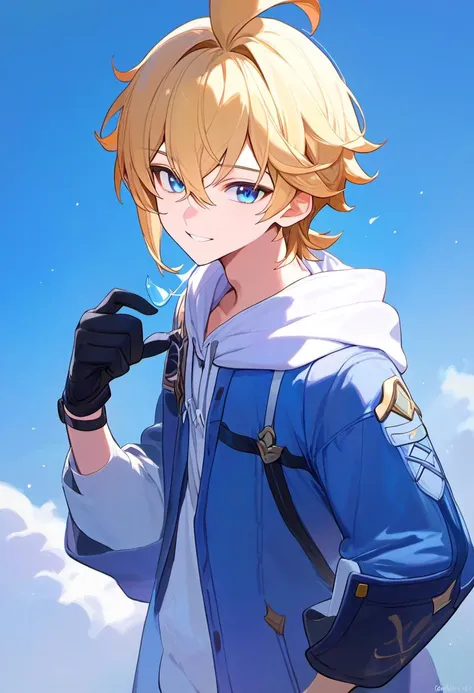 score_9,score_8_up,score_7_up, mika_(genshin_impact), 1boy, blonde_hair, male_focus, blue_eyes, highres, short_hair, long_sleeves, white_hoodie, blue_jacket, black_gloves, hair_between_eyes, ahoge