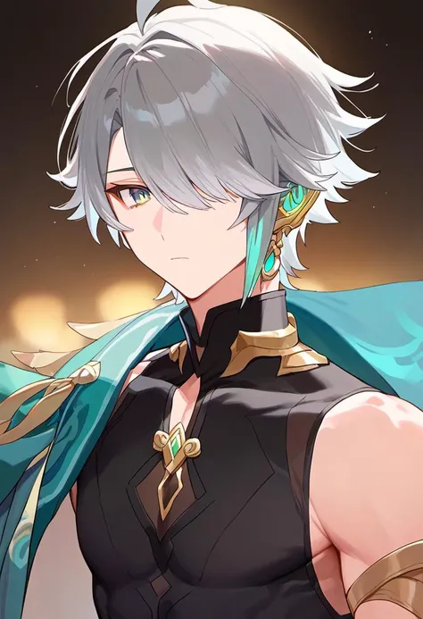 score_9,score_8_up,score_7_up, alhaitham_(genshin_impact), 1boy, male_focus, grey_hair, highres, short_hair, black_shirt, hair_over_one_eye, hair_between_eyes, closed_mouth, parted_bangs, green_eyes, swept_bangs
