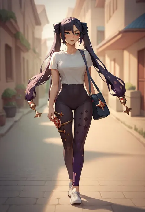 score_9,score_8_up,score_7_up,score_6_up <lora:genshin_v4:0.8>,1girl, Mona_\(genshin_impact\), Mona, bag, Walking around the French city, Tight pants
