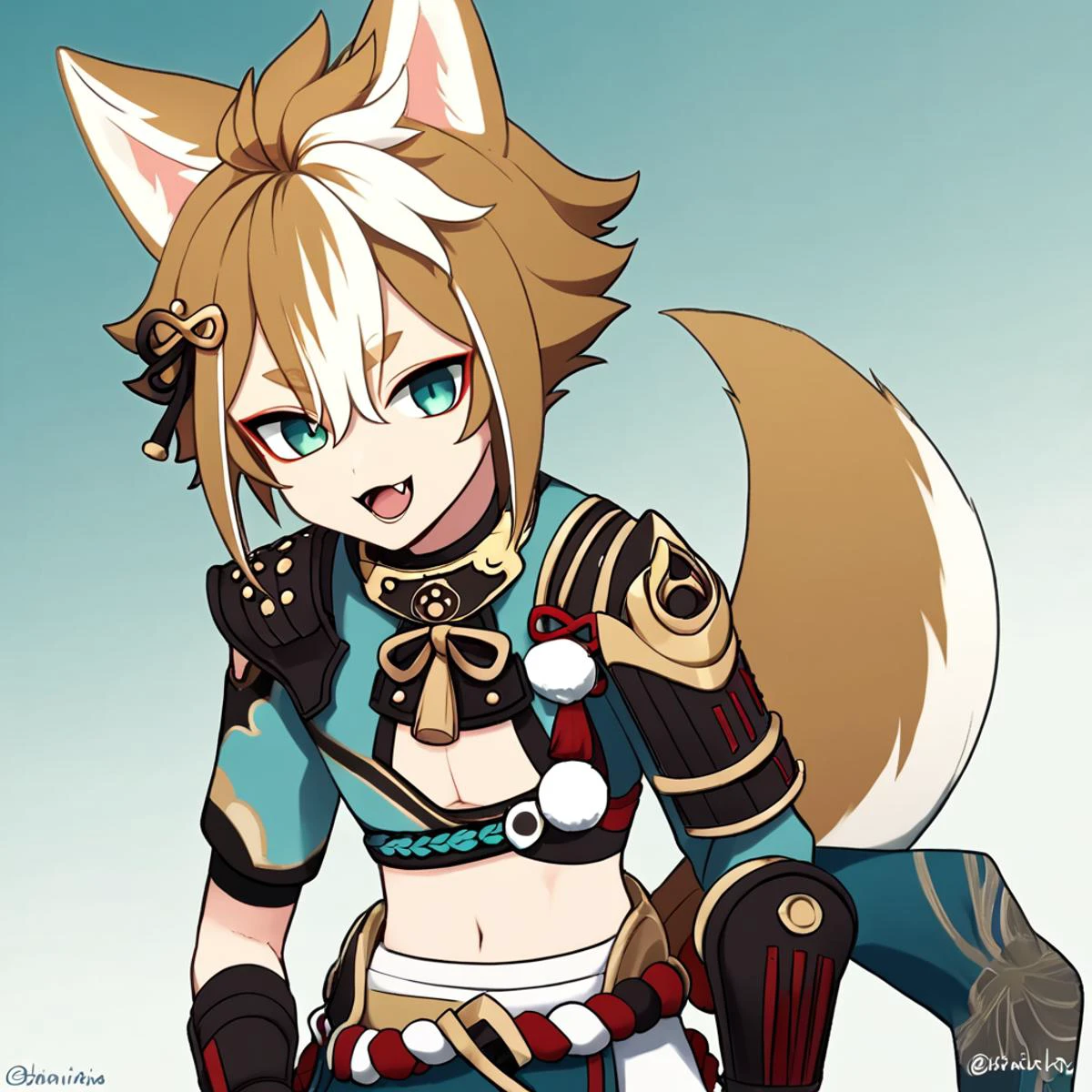 score_9,,gorou_\(genshin_impact\), 1boy, male_focus, dog_ears, dog_boy, dog_tail, black_gloves, japanese_clothes, japanese_armor, tassel, paw_print, navel, fingerless_gloves, sidelocks, crop_top, thick_eyebrows, fang, commentary, animal_ear_fluff, igote, fox_ears, fangs, twitter_username, fox_boy, long_sleeves, <lora:genshin_pony_v2:1>