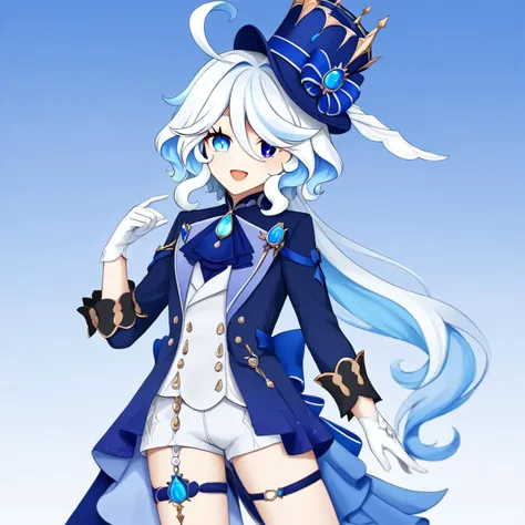 score_9,,furina_\(genshin_impact\), 1girl, heterochromia, long_sleeves, blue_headwear, blue_jacket, top_hat, white_gloves, blue_ascot, black_gloves, hair_intakes, symbol-shaped_pupils, mismatched_pupils, sidelocks, drop-shaped_pupils, thigh_strap, brooch, mismatched_gloves, white_shorts, :d, hand_up, alternate_costume, blue_bow, blue_gemstone, white_shirt, <lora:genshin_pony_v2:1>