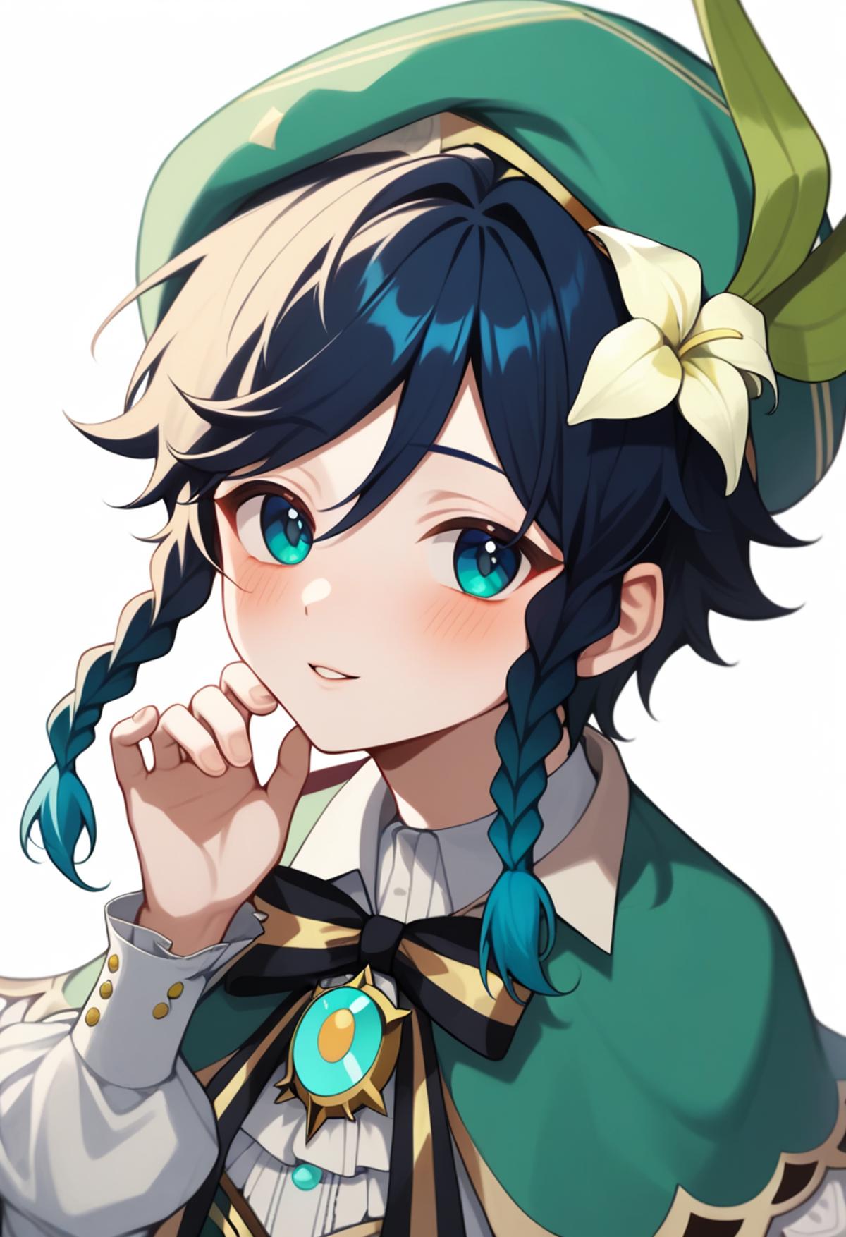 A girl with blue eyes and a green hat is looking at the camera - SeaArt AI