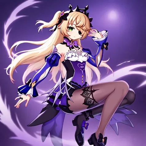 score_9,,1girl, fischl_\(genshin_impact\), eyepatch, two_side_up, hair_ribbon, bare_shoulders, hair_over_one_eye, medium_breasts, black_ribbon, purple_bowtie, purple_ribbon, bat_ornament, single_leg_pantyhose, single_thighhigh, collar, garter_straps, leotard, bodystocking, gloves, single_sleeve, tailcoat, detached_sleeves, chuunibyou, single_glove, black_footwear, <lora:genshin_pony_v2:1>