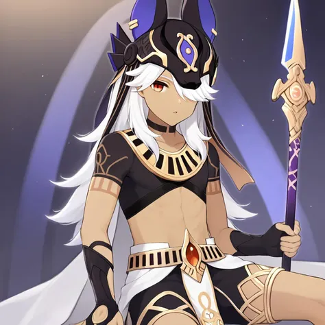 score_9,,cyno_\(genshin_impact\), 1boy, male_focus, dark-skinned_male, hair_over_one_eye, black_choker, black_headwear, short_sleeves, animal_hat, jackal_ears, fake_animal_ears, egyptian_clothes, black_shorts, black_gloves, gold_trim, sidelocks, parted_lips, black_shirt, fingerless_gloves, hand_up, sitting, arabian_clothes, crop_top, holding_polearm, bishounen, <lora:genshin_pony_v2:1>