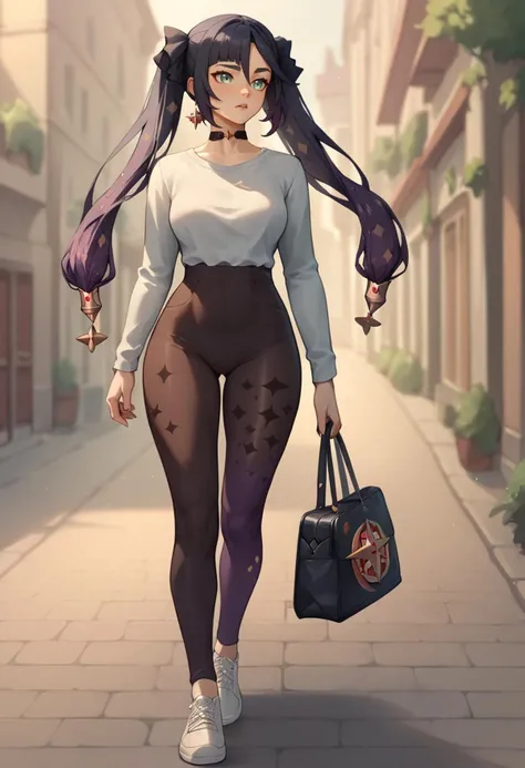 score_9,score_8_up,score_7_up,score_6_up <lora:genshin_v4:0.8>,1girl, Mona_\(genshin_impact\), Mona, bag, Walking around the French city, Tight pants