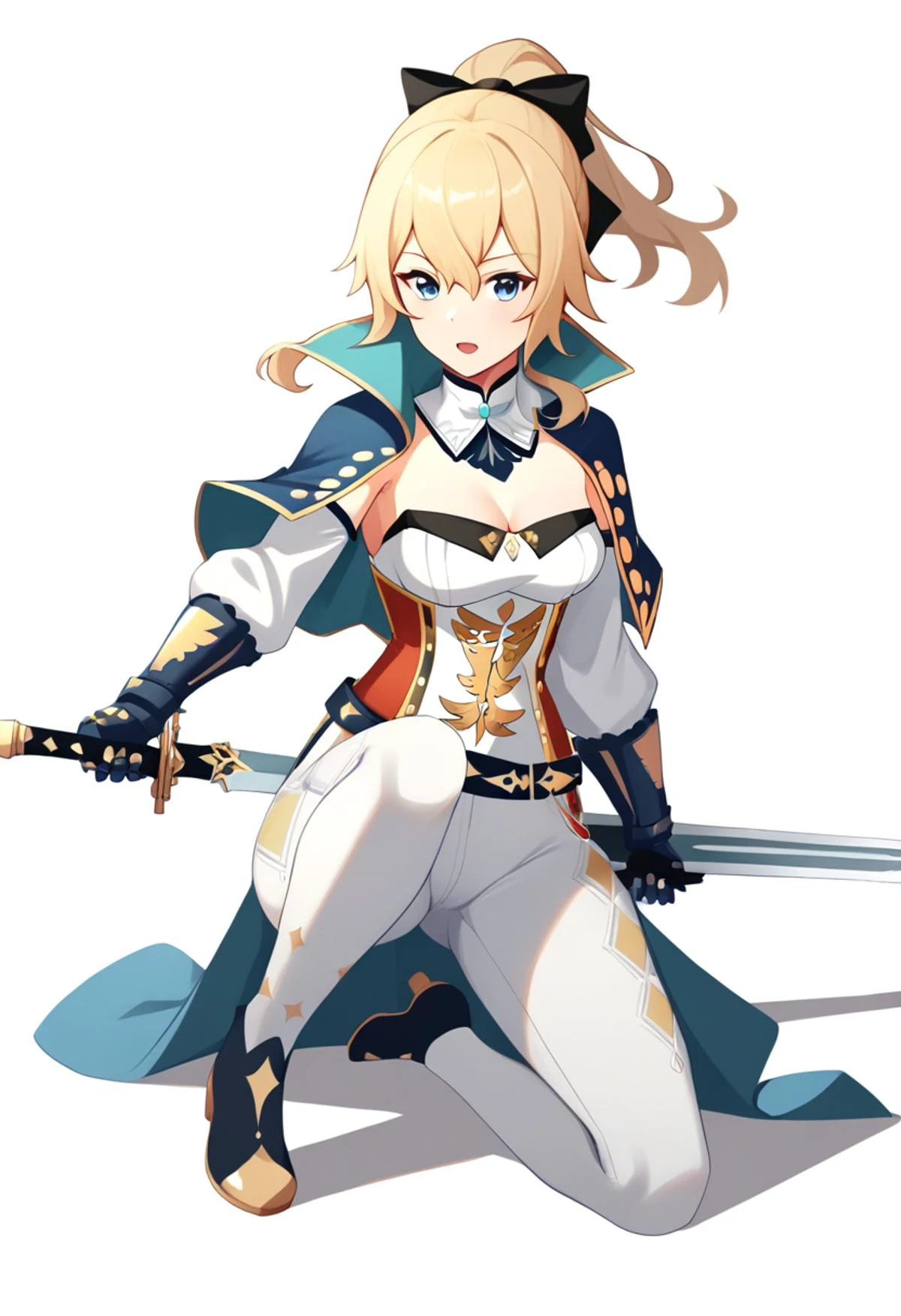 score_9,score_8_up,score_7_up,<lora:genshin_v4:0.8>,1girl, absurdres, blonde_hair, blue_capelet, blue_eyes, boots, cleavage, detached_collar, detached_sleeves, full_body, gloves, hair_bow, highres, holding_sword, jean_\(genshin_impact\), long_hair, looking_at_viewer, medium_breasts, on_one_knee, open_mouth, ponytail, sidelocks, simple_background, solo, strapless, tight_clothes, tight_pants, white_background, white_pants
