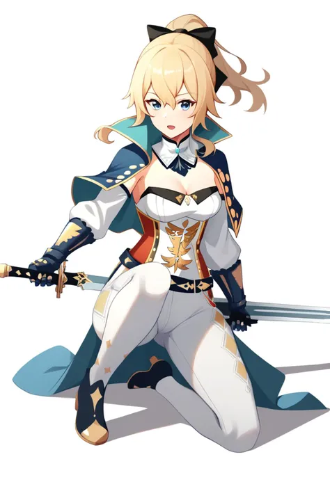 score_9,score_8_up,score_7_up,<lora:genshin_v4:0.8>,1girl, absurdres, blonde_hair, blue_capelet, blue_eyes, boots, cleavage, detached_collar, detached_sleeves, full_body, gloves, hair_bow, highres, holding_sword, jean_\(genshin_impact\), long_hair, looking_at_viewer, medium_breasts, on_one_knee, open_mouth, ponytail, sidelocks, simple_background, solo, strapless, tight_clothes, tight_pants, white_background, white_pants