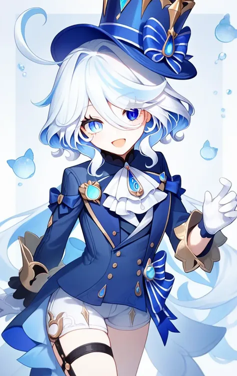 score_9,score_8_up,score_7_up,furina_\(genshin_impact\), 1girl, heterochromia, long_sleeves, blue_headwear, blue_jacket, top_hat, white_gloves, blue_ascot, black_gloves, hair_intakes, symbol-shaped_pupils, mismatched_pupils, sidelocks, drop-shaped_pupils, thigh_strap, brooch, mismatched_gloves, white_shorts, :d, <lora:genshin_pony_v3:1>