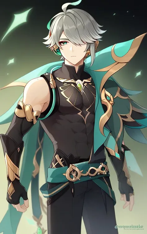 score_9,score_8_up,score_7_up,alhaitham_\(genshin_impact\), 1boy, black_shirt, hair_over_one_eye, black_gloves, cable, gold_trim, sleeveless_shirt, green_gemstone, chest_jewel, headphones, sidelocks, partially_fingerless_gloves, green_cape, artist_name, one_eye_covered, black_pants, elbow_gloves, asymmetrical_sidelocks, shoulder_cape, <lora:genshin_pony_v3:1>