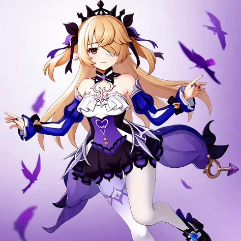 score_9,,fischl_\(genshin_impact\), fischl_\(ein_immernachtstraum\)_\(genshin_impact\), official_alternate_costume, 1girl, eyepatch, detached_sleeves, tiara, hair_over_one_eye, bare_shoulders, purple_dress, white_thighhighs, long_sleeves, hair_ribbon, purple_ribbon, white_pantyhose, single_leg_pantyhose, purple_sleeves, frills, purple_gemstone, purple_choker, medium_breasts, single_thighhigh, jewelry, official_alternate_eye_color, two_side_up, <lora:genshin_pony_v2:1>