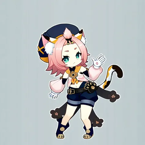 score_9,,1girl, diona_\(genshin_impact\), cat_ears, cat_tail, animal_ear_fluff, cat_girl, bangs_pinned_back, thick_eyebrows, hat, forehead, sidelocks, navel, white_gloves, detached_sleeves, black_shorts, hair_ribbon, long_sleeves, puffy_shorts, puffy_detached_sleeves, paw_print, black_headwear, belt, midriff, full_body, beret, <lora:genshin_pony_v2:1>