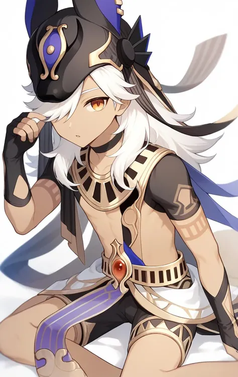 score_9,score_8_up,score_7_up,cyno_\(genshin_impact\), 1boy, dark-skinned_male, hair_over_one_eye, black_choker, black_headwear, short_sleeves, animal_hat, jackal_ears, fake_animal_ears, egyptian_clothes, black_shorts, black_gloves, gold_trim, sidelocks, parted_lips, black_shirt, fingerless_gloves, hand_up, sitting, <lora:genshin_pony_v3:1>