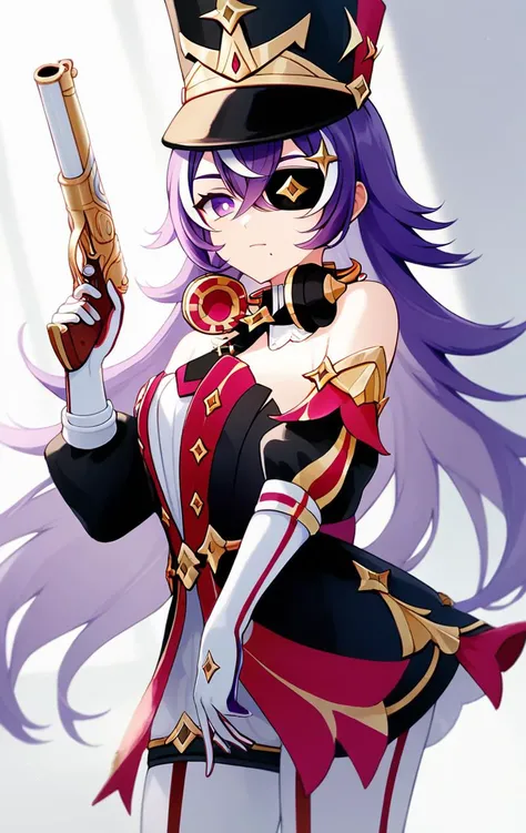 score_9,score_8_up,score_7_up,1girl, chevreuse_\(genshin_impact\), eyepatch, shako_cap, white_gloves, bare_shoulders, earmuffs_around_neck, mole_under_mouth, puffy_detached_sleeves, gold_trim, red_dress, detached_collar, black_headwear, white_pupils, black_necktie, two-tone_dress, holding_gun, black_dress, antique_firearm, strapless_dress, <lora:genshin_pony_v3:1>
