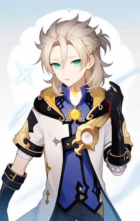score_9,score_8_up,score_7_up,albedo_\(genshin_impact\), 1boy, black_gloves, blue_shirt, short_sleeves, vision_\(genshin_impact\), hood_down, hooded_coat, braid, white_coat, scar_on_neck, bishounen, sidelocks, half_updo, long_sleeves, white_shirt, artist_name, eyelashes, standing, parted_lips, <lora:genshin_pony_v3:1>