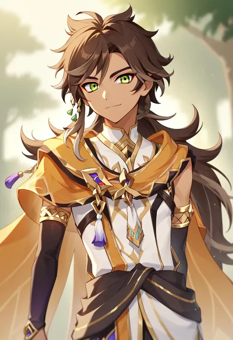 score_9,score_8_up,score_7_up,<lora:genshin_v4:1>,1boy, arm_behind_back, brown_hair, cropped_legs, dark-skinned_male, detached_sleeves, green_eyes, grey_hair, hair_ornament, highres, looking_at_viewer, male_focus, multicolored_hair, open_hand, orange_cape, sethos_\(genshin_impact\), solo, tassel, very_long_hair