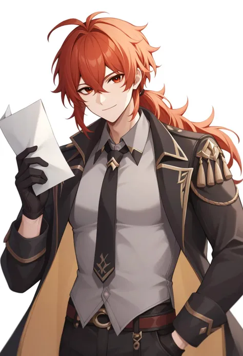 score_9,score_8_up,score_7_up,<lora:genshin_v4:0.8>,1boy, diluc_\(genshin_impact\), solo, holding_paper, hand_up, smile, ponytail, tassel, highres, grey_shirt, male_focus, simple_background, collared_shirt, collared_jacket, long_sleeves, wing_collar, black_necktie, open_jacket, white_background, 403pa, closed_mouth, crystal, black_gloves, black_jacket, buttons, looking_at_viewer