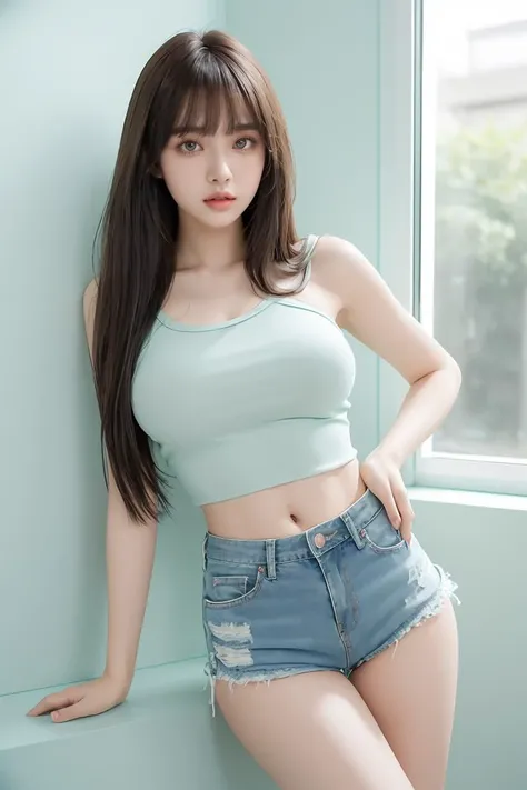 (masterpiece, best quality), 1girl, Mint Green Long Straight Hair with Bangs, big breasts, <lora:MicroShorts_FefaAIart:1> micro shorts, denim shorts, open fly shorts, pussy