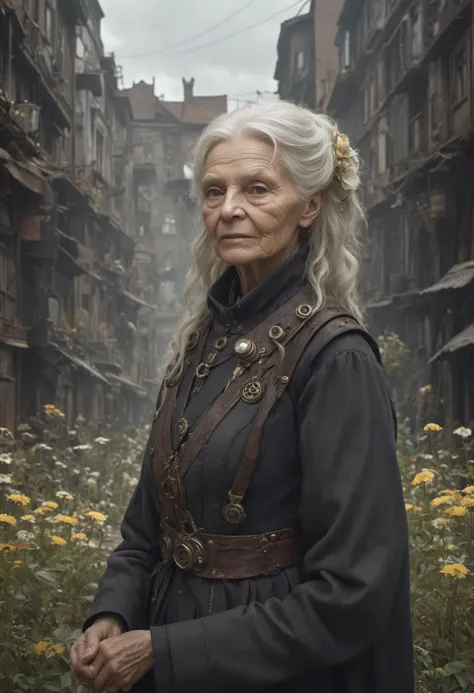medium shot, DonMM1y4XL old woman, steampunk city, bog flowers, neue sachlichkeit (new objectivity), fashionable, vector displacement mapping, cob engine, graffiti, gum bichromate printing, cutaway view, sublime, 8k, unique, assonance # f/22, shutter speed 1/60 sec, iso100, white balance tungsten, exposure compensation "-1.5 ev", manual shooting mode, leading lines, focus mode manual, center-weighted metering" <lora:DonMM1y4XL-v2rb>
