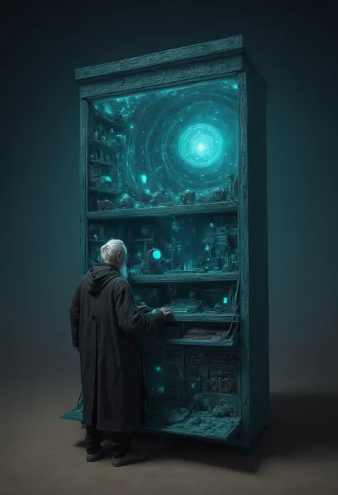 medium shot, DonMM1y4XL old man, male technomancer ( simulacra ascendance phthalo turquoise enkindle celestial background radiation art storage and organization (cabinet, drawer) neon synth print pearl amorphous magic:1.0), dunes, sliding window, <lora:DonMM1y4XL-v2rb>,