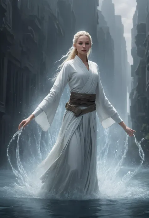 medium shot, DonMM1y4XL midage man, female jedi consular Enchanting with cantrip shaped like Curse of white aquatic shadow and water manipulation (controlling water flow and shape), urban landscape, summit view, <lora:DonMM1y4XL-v2rb>,
