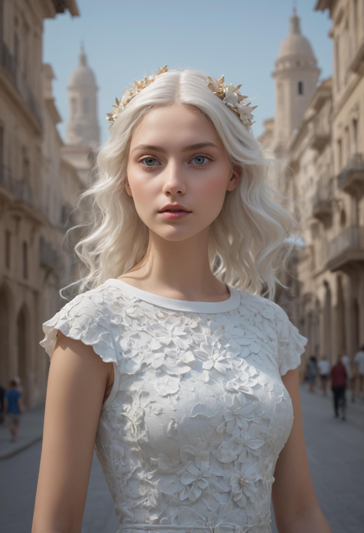 A woman with blonde hair and a white dress standing in a street - SeaArt AI