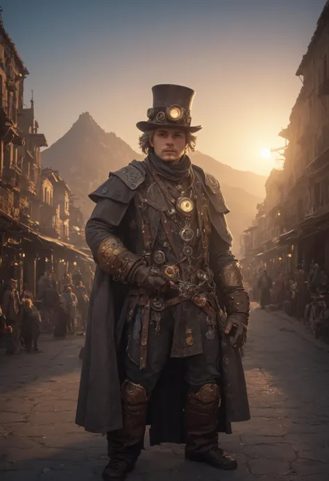 medium shot, DonMM1y4XL 20yo man, steampunk city, mountain sunset, byzantine art,  scintillating, environment occlusion, cob engine, street art, long exposure photography, renaissance,  lens flare, precise clarity, hd, original, anastrophe # f/5.6, shutter speed 1/125 sec, iso100, white balance fluorescent, exposure compensation    "+1.0 ev", shutter priority shooting mode, leading lines, focus mode continuous, partial metering"  <lora:DonMM1y4XL-v2rb>