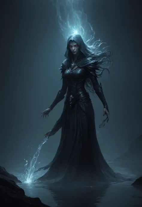 medium shot, DonMM1y4XL 20yo woman, male druid, water manipulation (controlling water flow and shape) floating amorphous shadow veils, deeper and darker than night, absorbing light and hope, red eyes flicker within, sinister grace, leaving a feeling of unease and dread, lunar landscape, alligator, <lora:DonMM1y4XL-v2rb>,