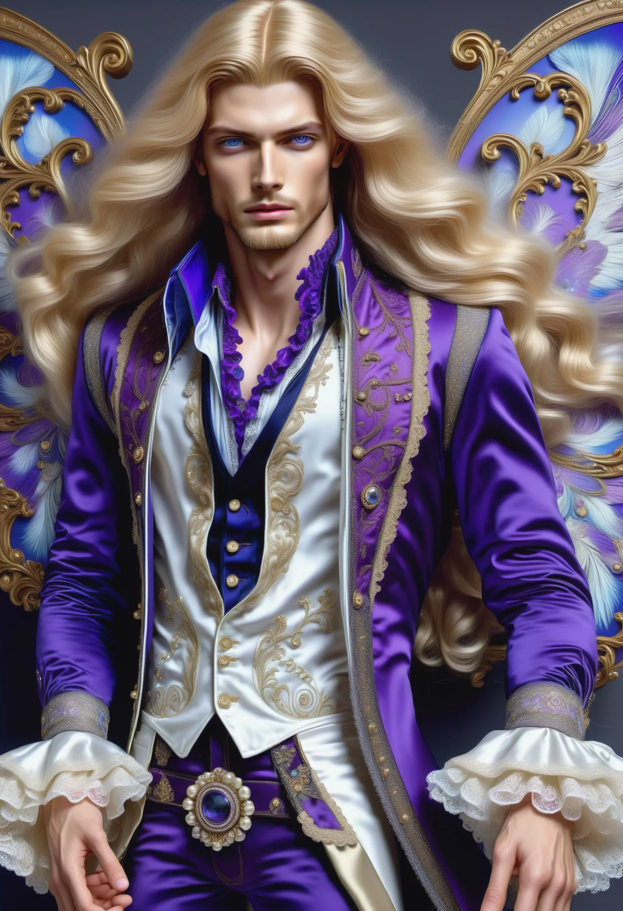 DonMM1yaXL man, baroque Wide Cuffs on Breeches, Embroidered Lace Edges, __clothings/baroque/male/attire/collor-cleavage__, Silk Waistcoats, Pearl-Adorned Breeches, Embellished Cane Handles, violet, wings,DonM3t3rn1tyXL town, hidden treasure, <lora:myLora\DonMM1y4XL-v1.1-000008:.8> <lora:released\DonM3t3rn1tyXL-v1.1-000008:.8> <lora:SDXL\DetailedEyes_V3> <lora:myLora\DonMDr4g0nXL-rb>