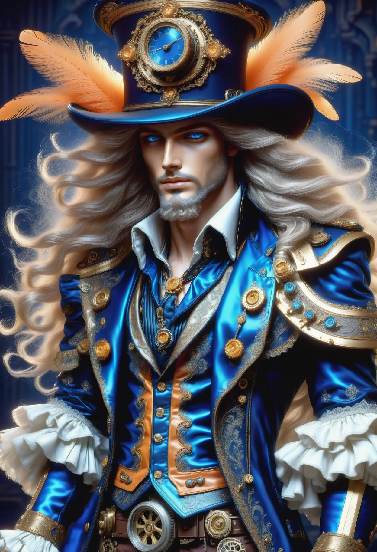 DonMM1yaXL man, baroque Waistcoats, Puff and Slash Decorations, __clothings/baroque/male/attire/collor-cleavage__, Faux Fur Stoles, Ruffled Breeches, Tricorn Hats with Feather Plumes, tangerine, wings,DonM3t3rn1tyXL deep sea, cornice, steampunk, dieselpunk, gears, tubes, pipes,oil, dirt <lora:myLora\DonMM1y4XL-v1.1-000008:.8> <lora:released\DonM3t3rn1tyXL-v1.1-000008:.8> <lora:SDXL\DetailedEyes_V3> <lora:myLora\DonMDr4g0nXL-rb><lora:ClearHand-V2>