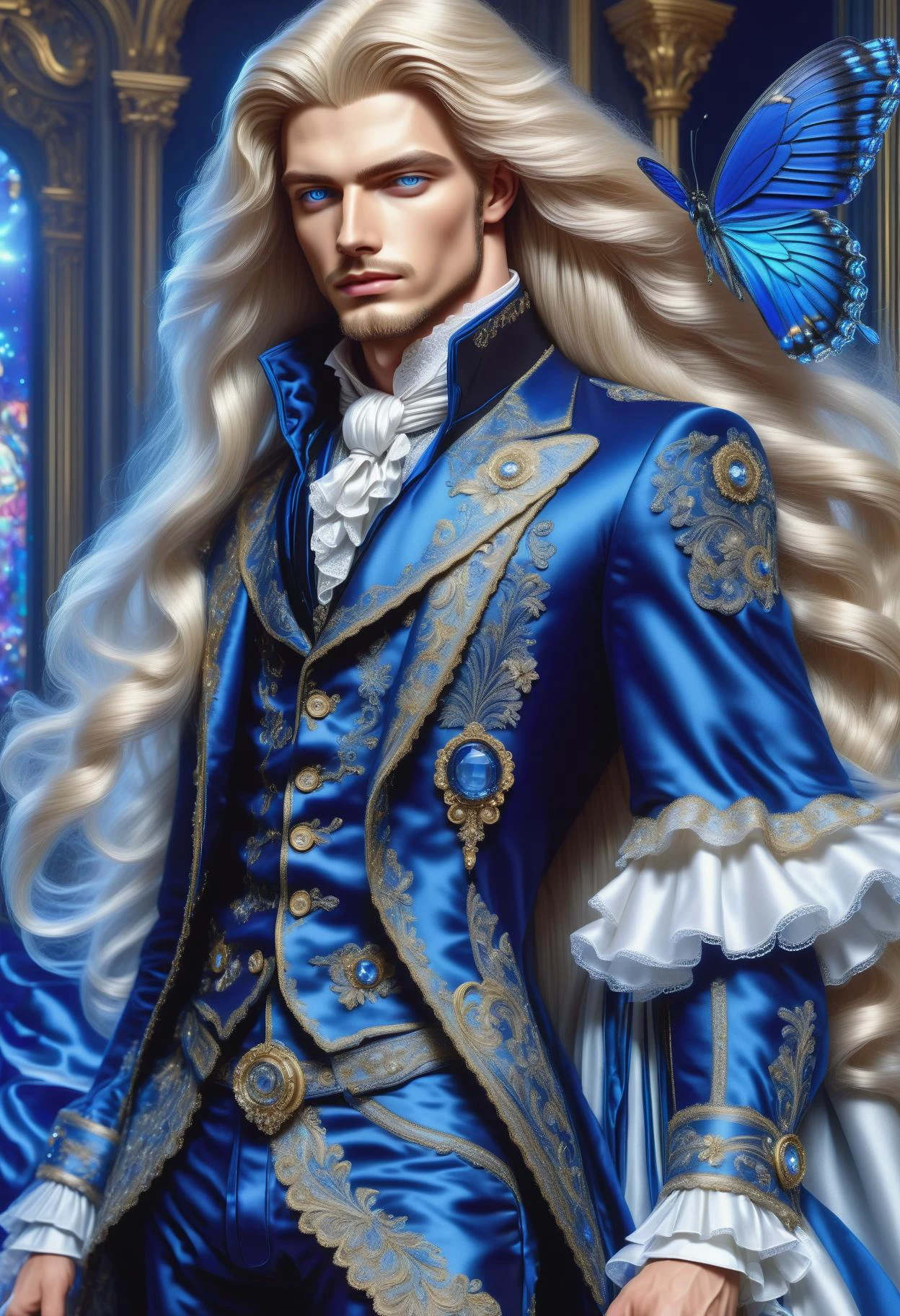 DonMM1yaXL man, baroque Cravat and Jabot Sets, Scalloped Organza, __clothings/baroque/male/attire/collor-cleavage__, Ribbon Tied Stocks, Tassels and Fringe on Breeches, Snuff Boxes, ultramarine blue, wings,DonM3t3rn1tyXL nebula, tide, <lora:myLora\DonMM1y4XL-v1.1-000008:.8> <lora:released\DonM3t3rn1tyXL-v1.1-000008:.8> <lora:SDXL\DetailedEyes_V3> <lora:myLora\DonMDr4g0nXL-rb>