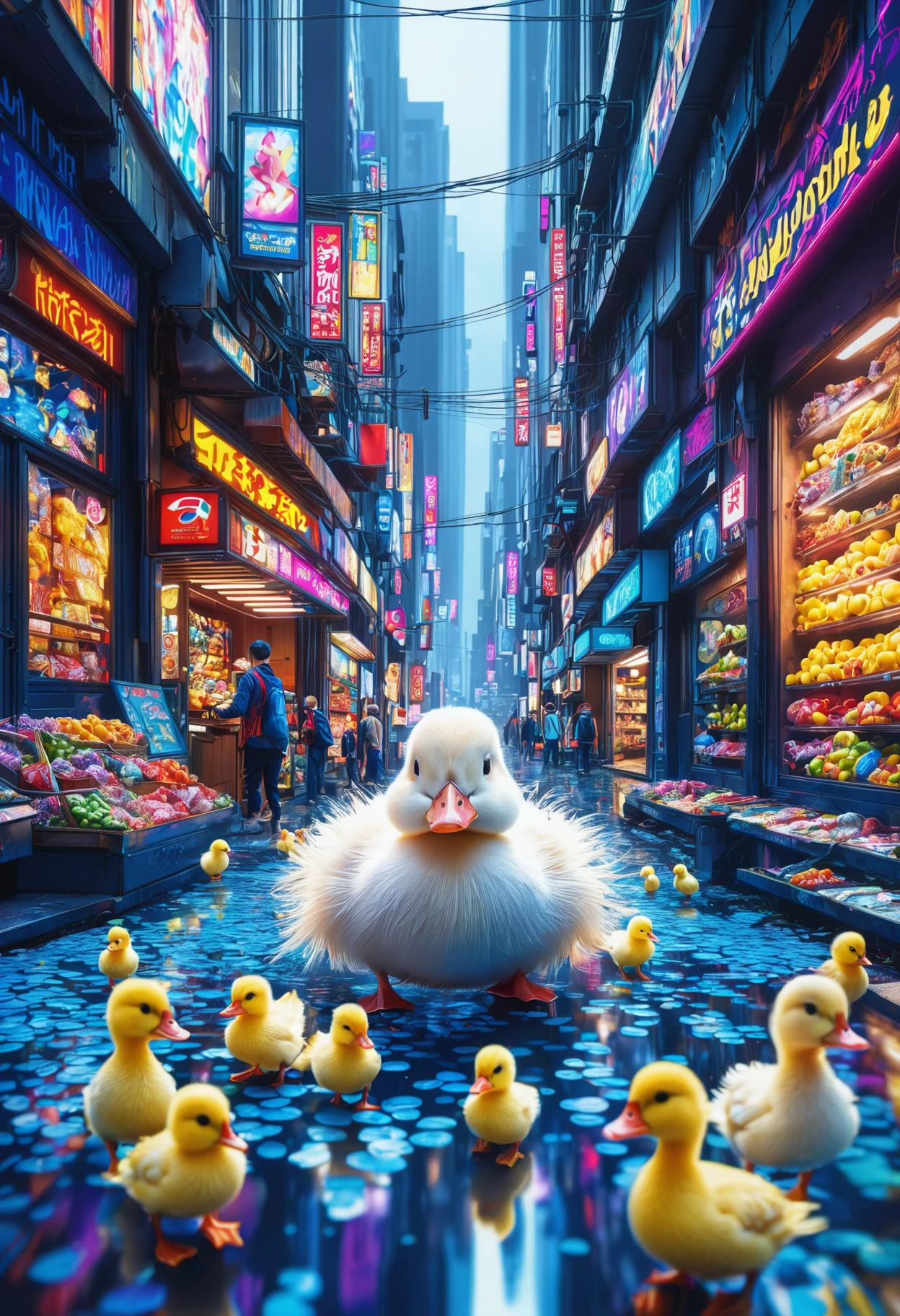 marketplace, ducklings,long shot DonMM1y4XL man, new media art, bittersweet, real-time gi caching, stingray engine, fauvist, double exposure photography, manga/anime, anisotropic filtering, no blur, uhd, inspired, flashback #fast autofocus, f/4, shutter speed 1/4 sec, iso6400, white balance auto, exposure compensation "+1.5 ev", shutter priority shooting mode, symmetry and balance, focus mode continuous, spot metering", <lora:released\DonM3t3rn1tyXL-v1.1-000008:0.6>,<lora:myLora\DonMM1y4XL-v1.1-000008>