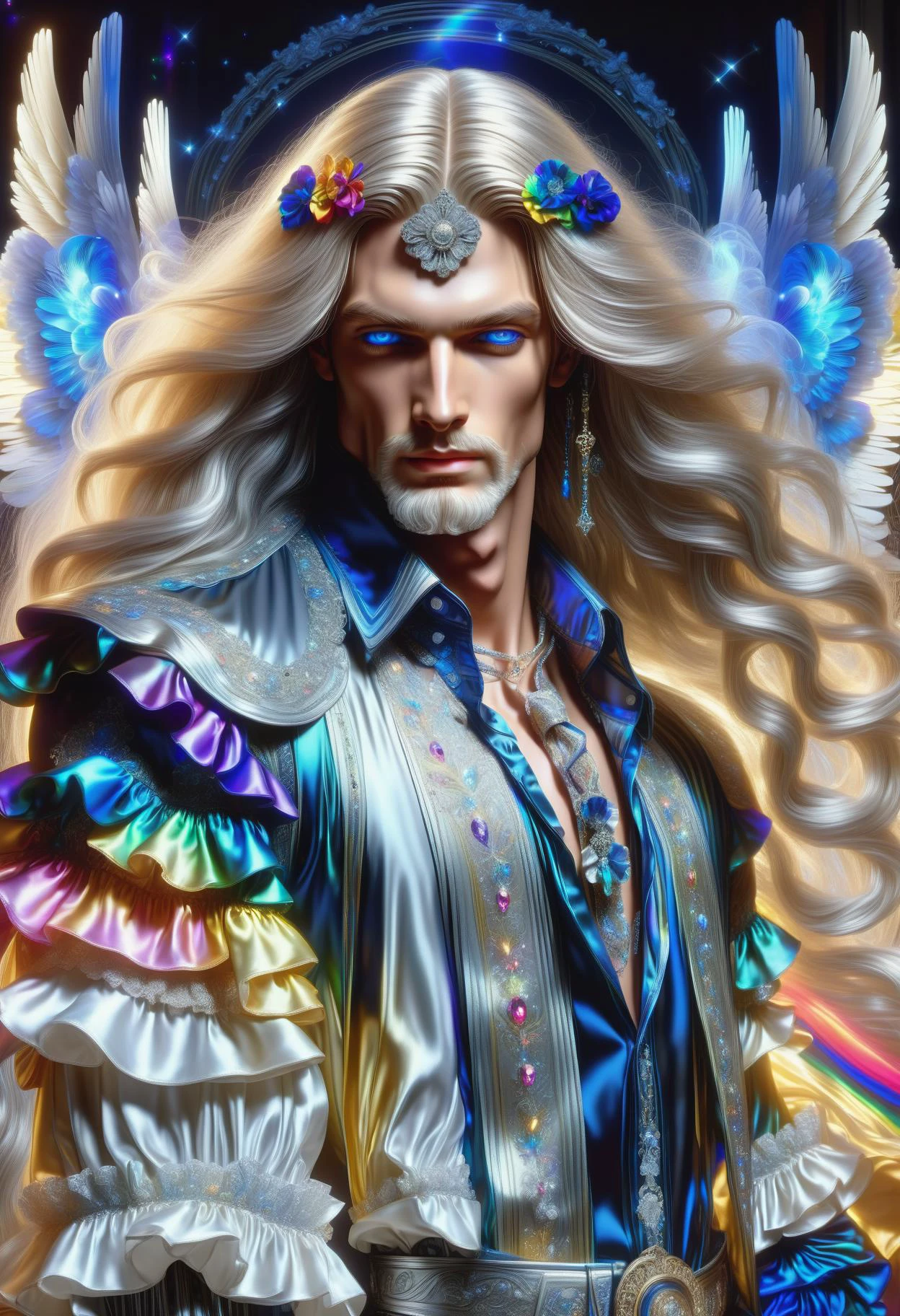 DonMM1yaXL man, baroque Ruffled Shirts, Gathered Wrists, __clothings/baroque/male/attire/collor-cleavage__, Ribbon Tied Stocks, Silk Sashes for Waist, Embellished Cane Handles, pewter, wings,DonM3t3rn1tyXL rainbow valley, sill, <lora:myLora\DonMM1y4XL-v1.1-000008:.8> <lora:released\DonM3t3rn1tyXL-v1.1-000008:.8> <lora:SDXL\DetailedEyes_V3> <lora:myLora\DonMDr4g0nXL-rb>